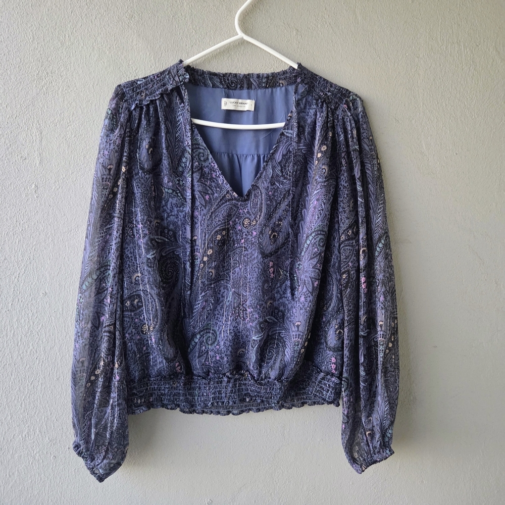 Lucky Brand Women's Paisley Bubble Hem Top Sz L Blue Sheer Sleeves V-neck